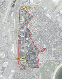 A map illustrates the dimensions of an ongoing Boston Redevelopment Authority planning process focused on the Dorchester Avenue corridor between Andrew and Broadway MBTA stations. 	BRA image